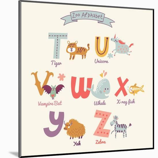 Cute Zoo Alphabet in Vector. T, U, V, W, X, Y, Z Letters. Funny Cartoon Animals. Tiger, Unicorn, Va-smilewithjul-Mounted Art Print