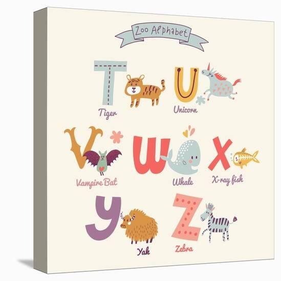 Cute Zoo Alphabet in Vector. T, U, V, W, X, Y, Z Letters. Funny Cartoon Animals. Tiger, Unicorn, Va-smilewithjul-Stretched Canvas