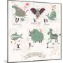 Cute Zoo Alphabet in Vector. U, V, W, X, Y, Z Letters. Funny Animals in Love. Unicorn, Vampire Bat,-smilewithjul-Mounted Art Print