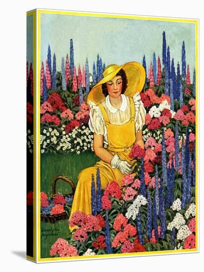 "Cutting Flowers from Her Garden,"August 1, 1933-Carolyn Haywood-Stretched Canvas