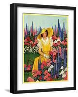 "Cutting Flowers from Her Garden,"August 1, 1933-Carolyn Haywood-Framed Giclee Print