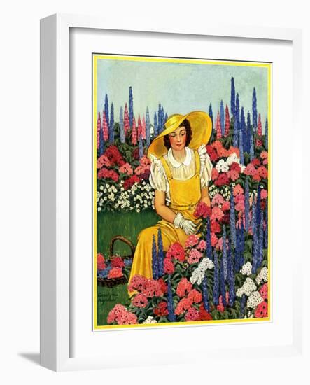 "Cutting Flowers from Her Garden,"August 1, 1933-Carolyn Haywood-Framed Giclee Print