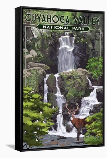 Cuyahoga Valley National Park, Ohio - Deer and Falls-Lantern Press-Framed Stretched Canvas