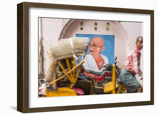 Cycle Rickshaw and Gandhi Mural, Chennai, (Madras), India-Peter Adams-Framed Photographic Print