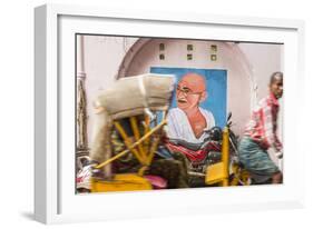 Cycle Rickshaw and Gandhi Mural, Chennai, (Madras), India-Peter Adams-Framed Photographic Print