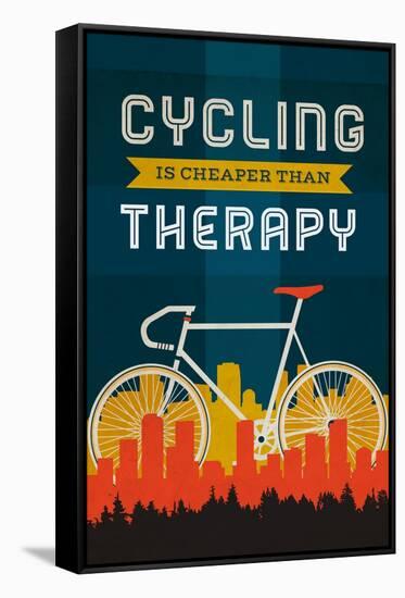 Cycling is Cheaper than Therapy - Screenprint Style-Lantern Press-Framed Stretched Canvas