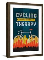 Cycling is Cheaper than Therapy - Screenprint Style-Lantern Press-Framed Art Print