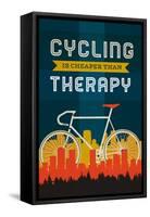 Cycling is Cheaper than Therapy - Screenprint Style-Lantern Press-Framed Stretched Canvas