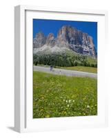 Cyclist and Sassolungo Group, Sella Pass, Trento and Bolzano Provinces, Italian Dolomites, Italy-Frank Fell-Framed Photographic Print