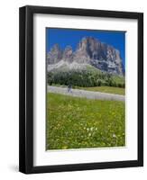 Cyclist and Sassolungo Group, Sella Pass, Trento and Bolzano Provinces, Italian Dolomites, Italy-Frank Fell-Framed Photographic Print