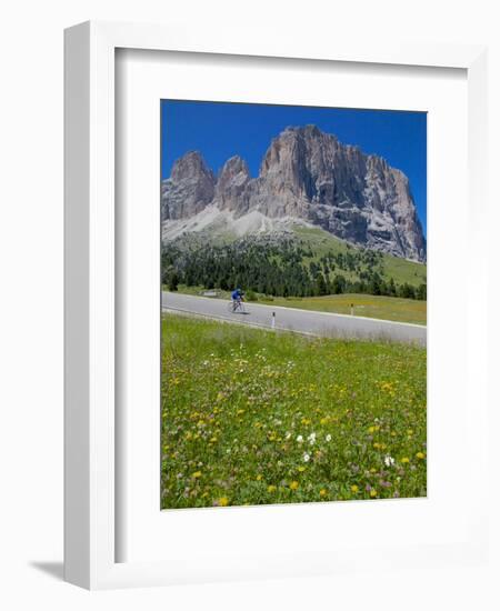 Cyclist and Sassolungo Group, Sella Pass, Trento and Bolzano Provinces, Italian Dolomites, Italy-Frank Fell-Framed Photographic Print