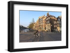 Cyclist Crossing a Bridge over Keizersgracht Canal, Amsterdam, Netherlands, Europe-Amanda Hall-Framed Photographic Print