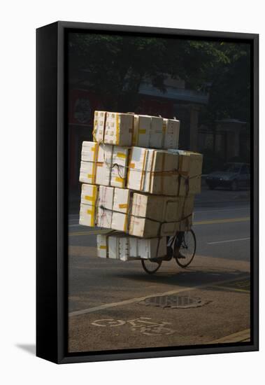 Cyclist in China with huge load of boxes-Charles Bowman-Framed Stretched Canvas