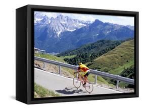 Cyclist Riding Over Sella Pass, 2244M, Dolomites, Alto Adige, Italy-Richard Nebesky-Framed Stretched Canvas
