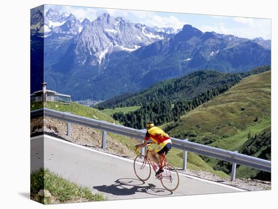 Cyclist Riding Over Sella Pass, 2244M, Dolomites, Alto Adige, Italy-Richard Nebesky-Stretched Canvas