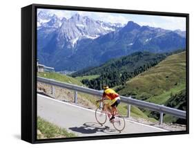 Cyclist Riding Over Sella Pass, 2244M, Dolomites, Alto Adige, Italy-Richard Nebesky-Framed Stretched Canvas