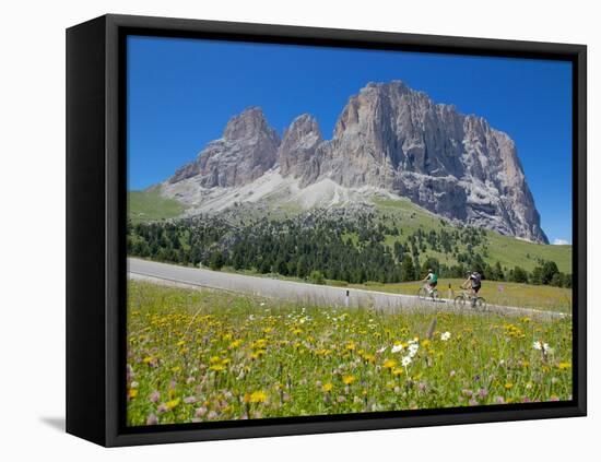 Cyclists and Sassolungo Group, Sella Pass, Trento and Bolzano Provinces, Italian Dolomites, Italy-Frank Fell-Framed Stretched Canvas