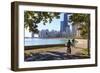 Cyclists Riding Along Lake Michigan Shore with the Chicago Skyline Beyond, Chicago, Illinois, USA-Amanda Hall-Framed Photographic Print