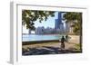 Cyclists Riding Along Lake Michigan Shore with the Chicago Skyline Beyond, Chicago, Illinois, USA-Amanda Hall-Framed Photographic Print