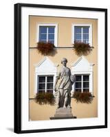 Czech Republic, Moravia, Mikulov. Detail of Statue and Facade in the Historical Centre.-Ken Scicluna-Framed Photographic Print