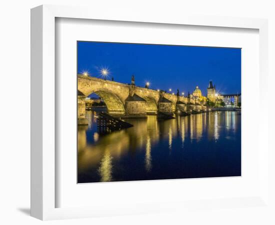 Czech Republic, Prague. Charles bridge water reflection at night.-Julie Eggers-Framed Photographic Print