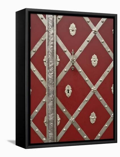 Czech Republic, Prague. Metal Red Door Detail-Petr Bednarik-Framed Stretched Canvas