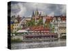 Czech Republic, Prague. Restaurant along the Vltava River from a riverboat.-Julie Eggers-Stretched Canvas