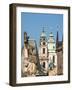 Czech Republic, Prague. Statue on the Charles bridge and spires of old town.-Julie Eggers-Framed Photographic Print