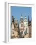 Czech Republic, Prague. Statue on the Charles bridge and spires of old town.-Julie Eggers-Framed Photographic Print