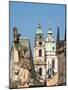 Czech Republic, Prague. Statue on the Charles bridge and spires of old town.-Julie Eggers-Mounted Photographic Print