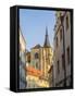 Czech Republic, Prague. View of steeple and clock in old town Prague.-Julie Eggers-Framed Stretched Canvas