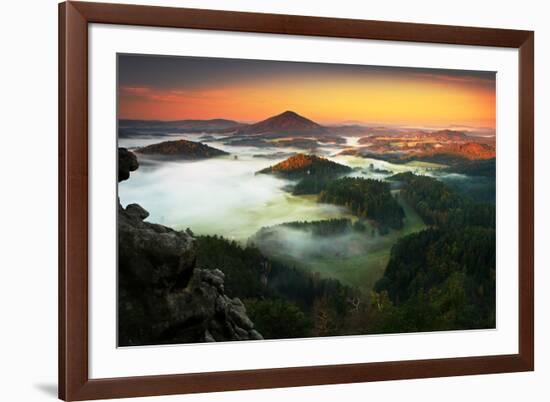 Czech Typical Autumn Landscape. Hills and Villages with Foggy Morning. Morning Fall Valley of Bohem-Ondrej Prosicky-Framed Photographic Print