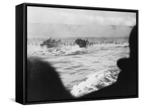 D-Day - Coastguard Landing Barges under Heavy Fire-Robert Hunt-Framed Stretched Canvas