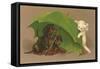 Dachshund Puppies Under Umbrella with Kitten-null-Framed Stretched Canvas