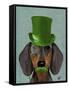 Dachshund with Green Top Hat Black Tan-Fab Funky-Framed Stretched Canvas