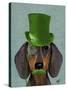 Dachshund with Green Top Hat Black Tan-Fab Funky-Stretched Canvas