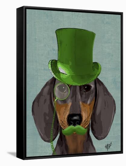 Dachshund with Green Top Hat Black Tan-Fab Funky-Framed Stretched Canvas