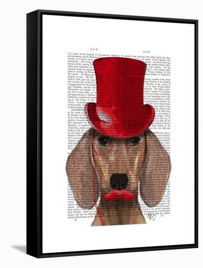 Dachshund with Red Top Hat and Moustache-Fab Funky-Framed Stretched Canvas