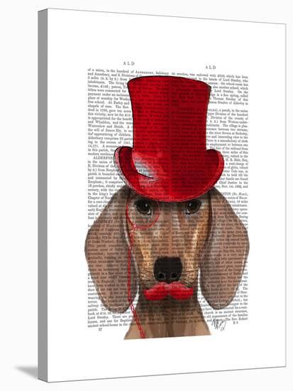 Dachshund with Red Top Hat and Moustache-Fab Funky-Stretched Canvas