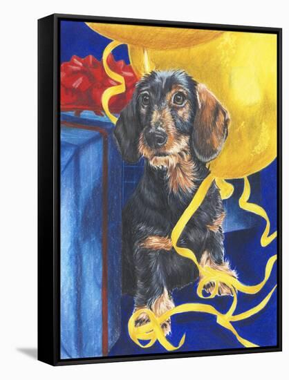 Dachsund with Yellow Ribbons and Balloons-Barbara Keith-Framed Stretched Canvas