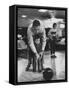 Dad Showing 3 Year Old Daughter the Basics of Bowling-George Silk-Framed Stretched Canvas