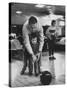 Dad Showing 3 Year Old Daughter the Basics of Bowling-George Silk-Stretched Canvas