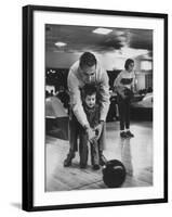 Dad Showing 3 Year Old Daughter the Basics of Bowling-George Silk-Framed Photographic Print