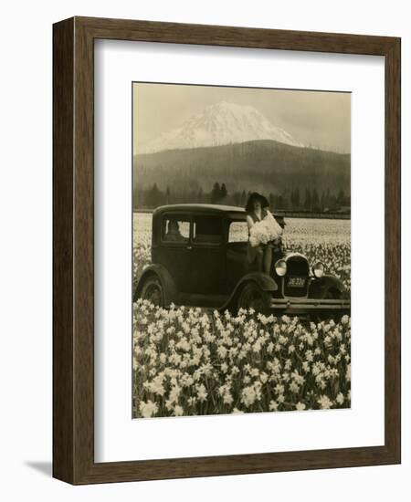 Daffodil Field, Automobile and Mount Rainier, ca. 1929-Marvin Boland-Framed Giclee Print