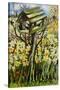 Daffodils, and Birds in the Birdhouse-Joan Thewsey-Stretched Canvas