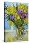 Daffodils and tulips in a glass jug by a window-Joan Thewsey-Stretched Canvas