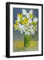 Daffodils and white tulips in an octagonal glass vase-Joan Thewsey-Framed Giclee Print