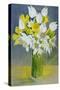 Daffodils and white tulips in an octagonal glass vase-Joan Thewsey-Stretched Canvas