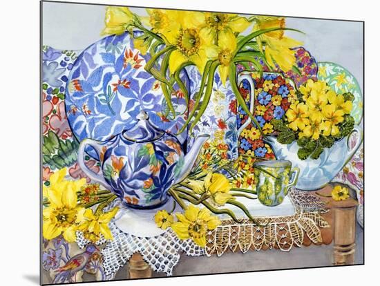 Daffodils, Antique Jugs, Plates, Textiles and Lace, 2012-Joan Thewsey-Mounted Giclee Print