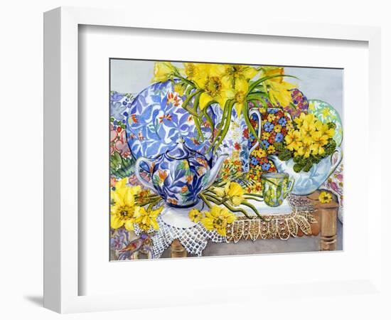 Daffodils, Antique Jugs, Plates, Textiles and Lace, 2012-Joan Thewsey-Framed Giclee Print